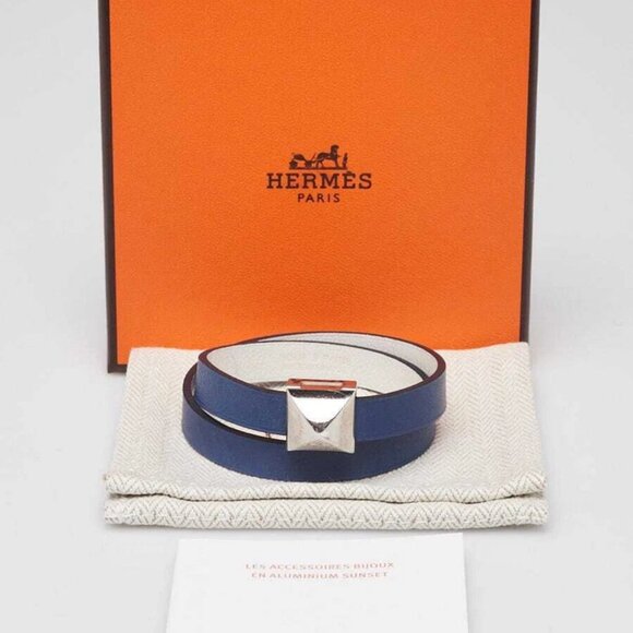 Hermes Bleu Brighton/White Swift Leather Palladium Plated Medor Infini Double... - Picture 2 of 10